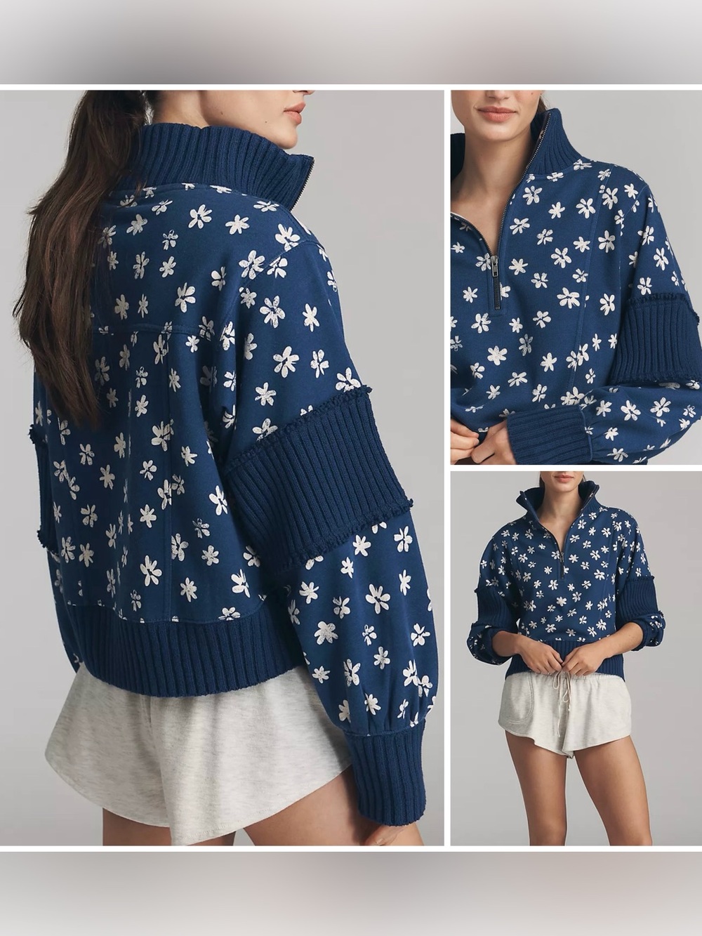 Anthropologie Daily Practice Indy Half-Zip Pullover Sweatshirt - blue combo - M